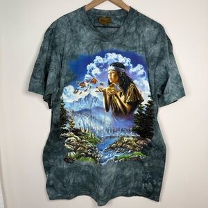 Vintage 90s Tie Dye The Mountain Tee Shirt Blue Native American Motif Size XL